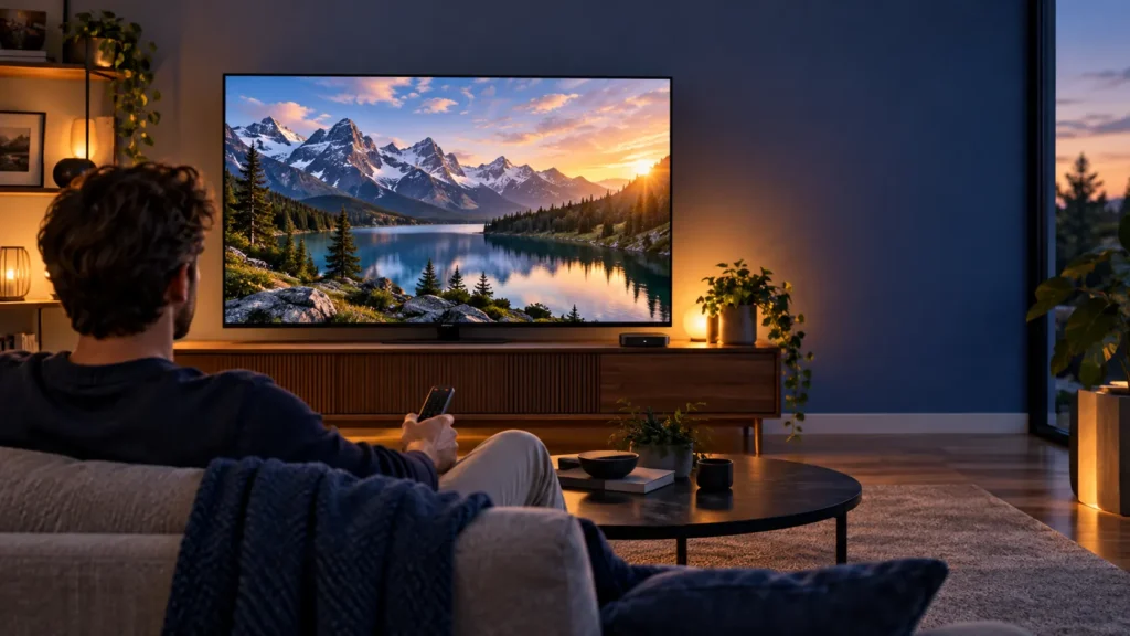 Viewer with a remote assessing a 4K IPTV subscription on a TV