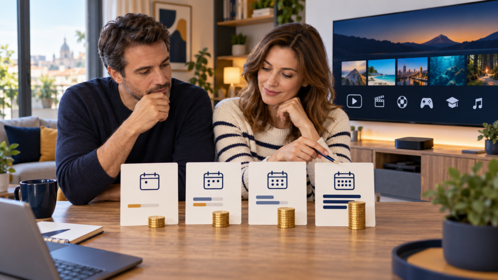 Couple en France comparant les durées et coûts d’un abonnement IPTV