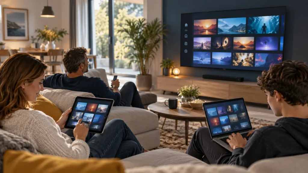 Famille utilisant un abonnement IPTV 3 appareils sur TV, tablette et ordinateur