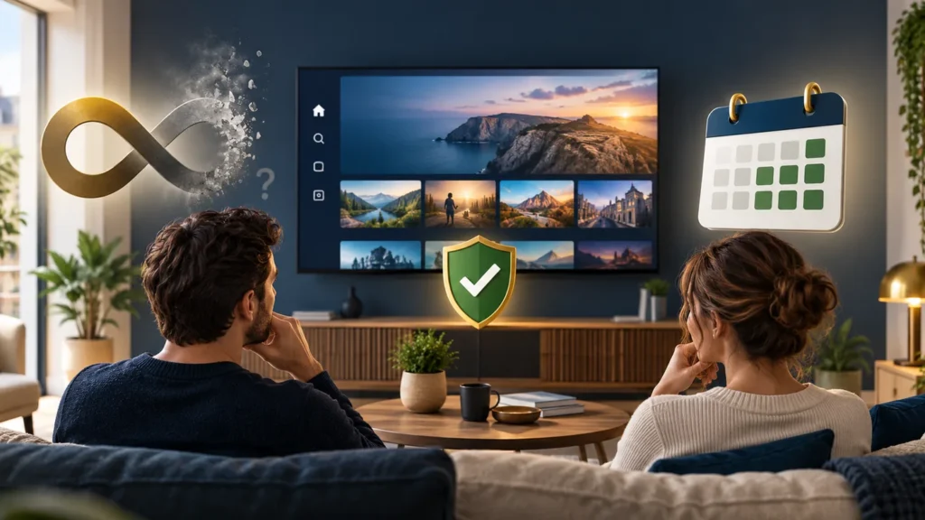 Couple comparant un abonnement IPTV à vie et une formule à durée définie