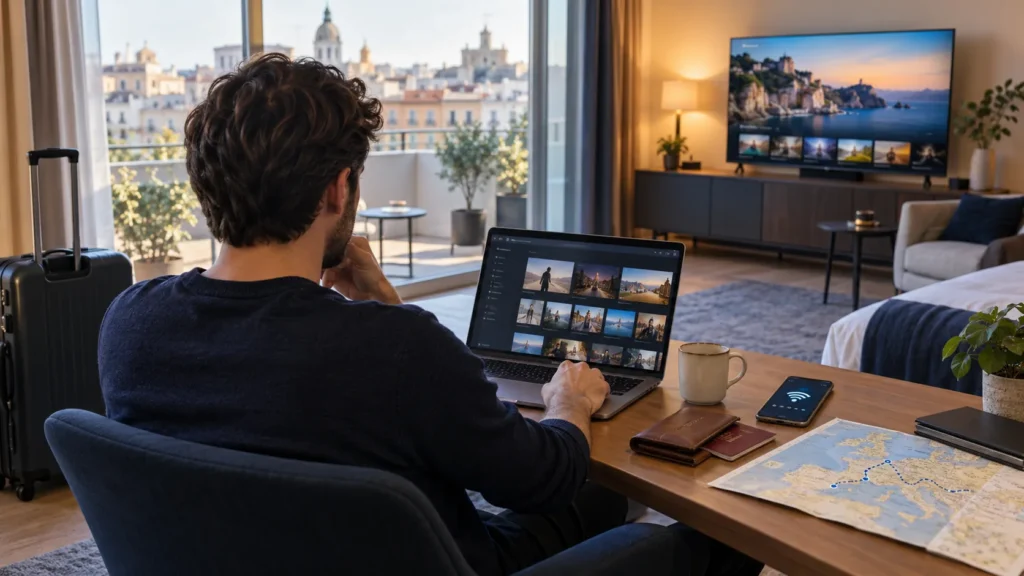 Voyageur préparant son abonnement IPTV à l’étranger sur un ordinateur