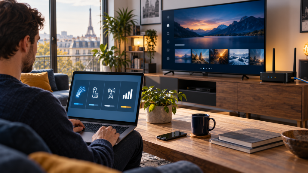Utilisateur en France comparant fibre, ADSL, 4G et 5G pour un abonnement IPTV