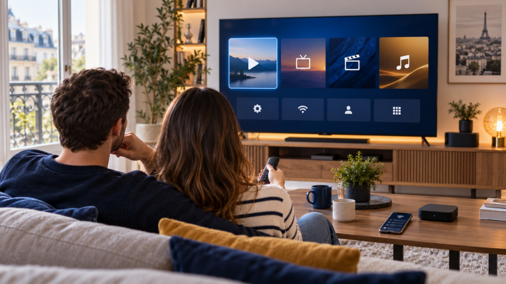 Couple en France configurant un abonnement IPTV sur un téléviseur connecté