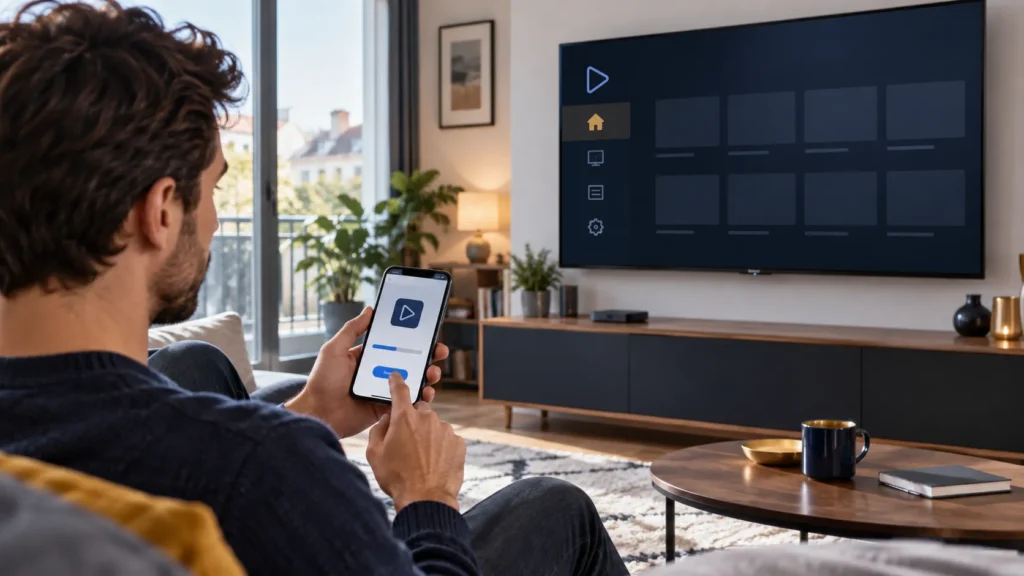Application IPTV sur smartphone et téléviseur : le lecteur se distingue d’un abonnement IPTV gratuit.
