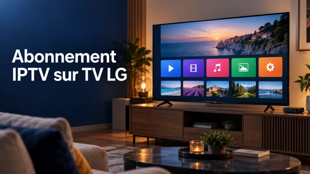 Illustration d’un abonnement IPTV sur TV LG avec un écran de lecture et une box HDMI dans un salon
