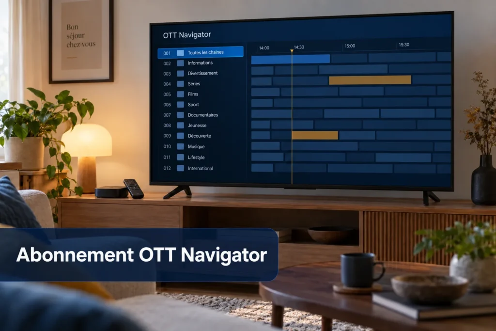 Téléviseur Android TV affichant un guide des programmes avec le texte « Abonnement OTT Navigator »