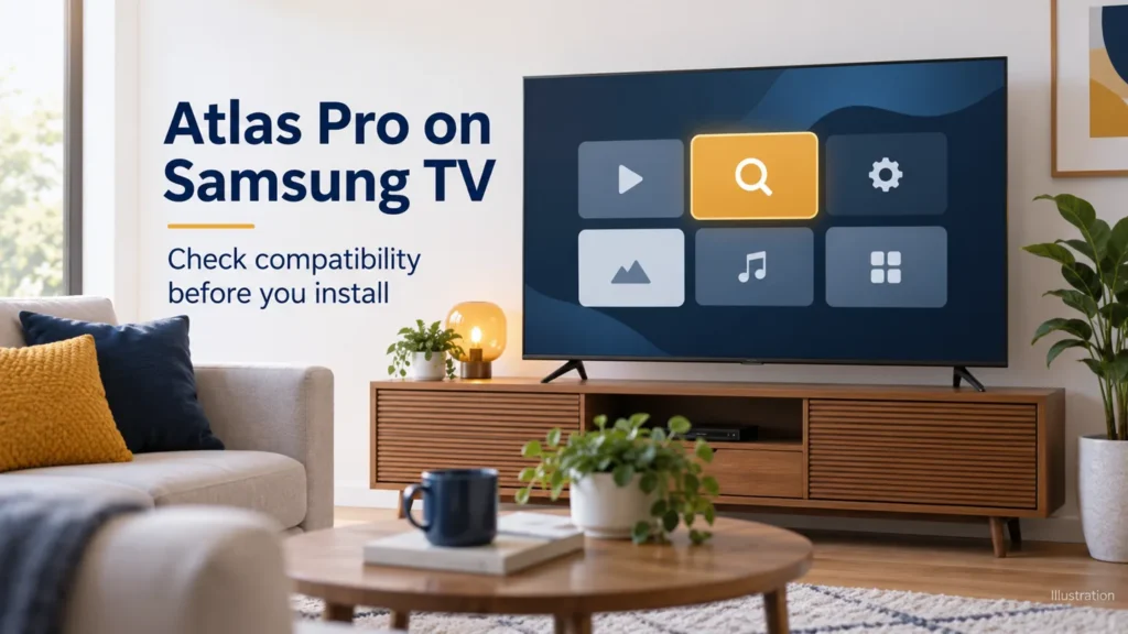 Atlas Pro on Samsung TV compatibility guide illustrated with a television, app tiles, and a search symbol