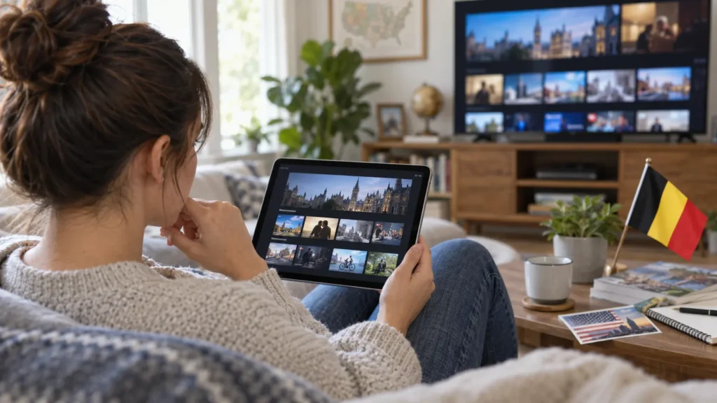US viewer exploring Belgian TV in the USA on a tablet beside a Belgian flag