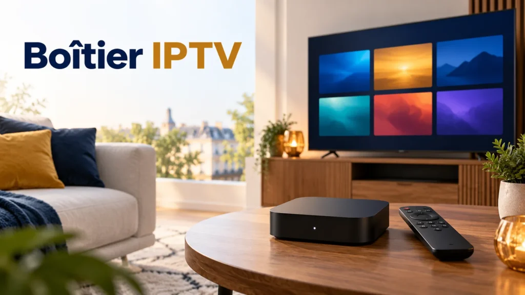 Boîtier IPTV et télécommande devant une télévision connectée dans un salon