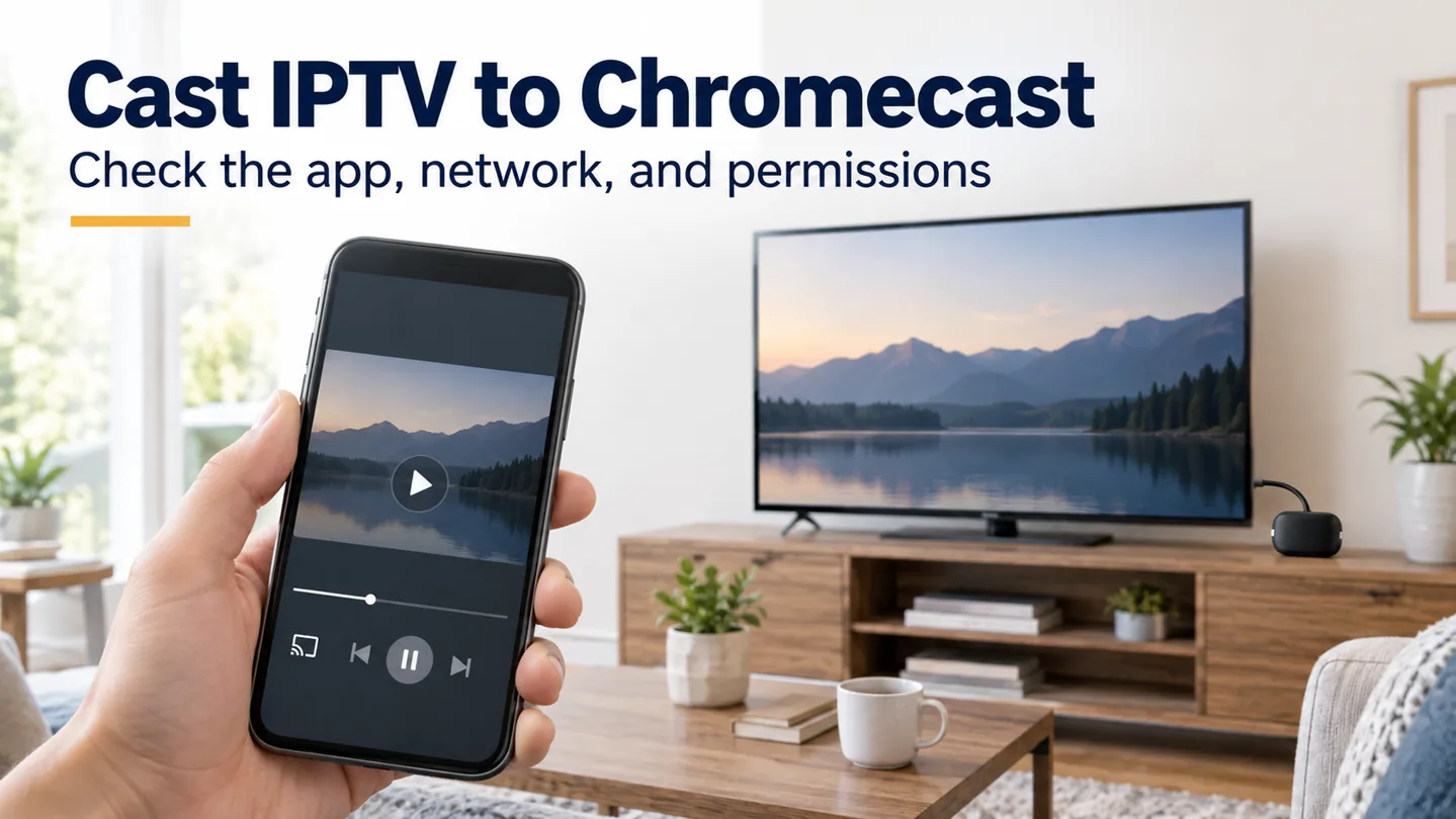 Cast IPTV to Chromecast guide with an illustrative phone, television, and streaming receiver
