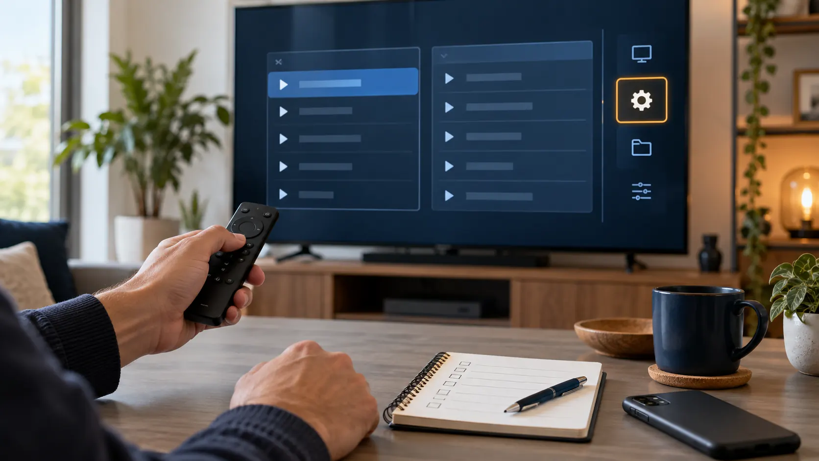 Person using a TV settings screen to change IPTV playlist while keeping a setup checklist