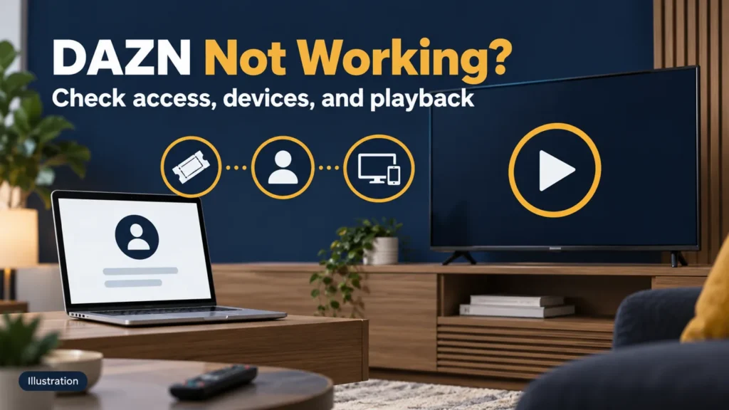 DAZN not working guide illustrated with streaming screens, an account symbol, and an event ticket