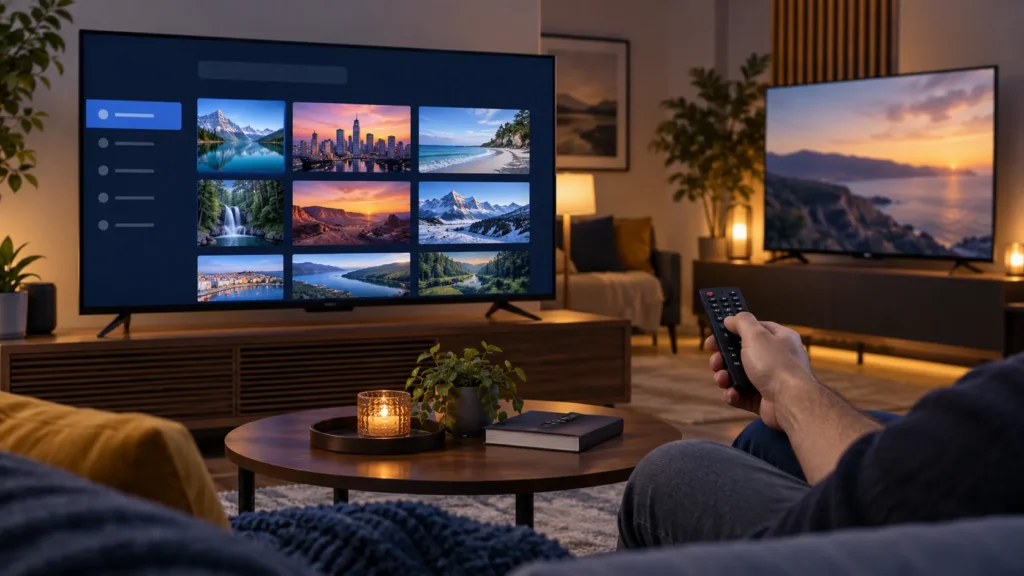 Smart TV and remote illustrating an ELK Player IPTV playlist setup