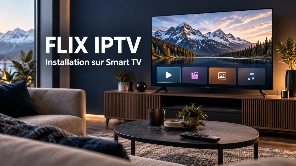 Illustration de Flix IPTV sur une Smart TV dans un salon