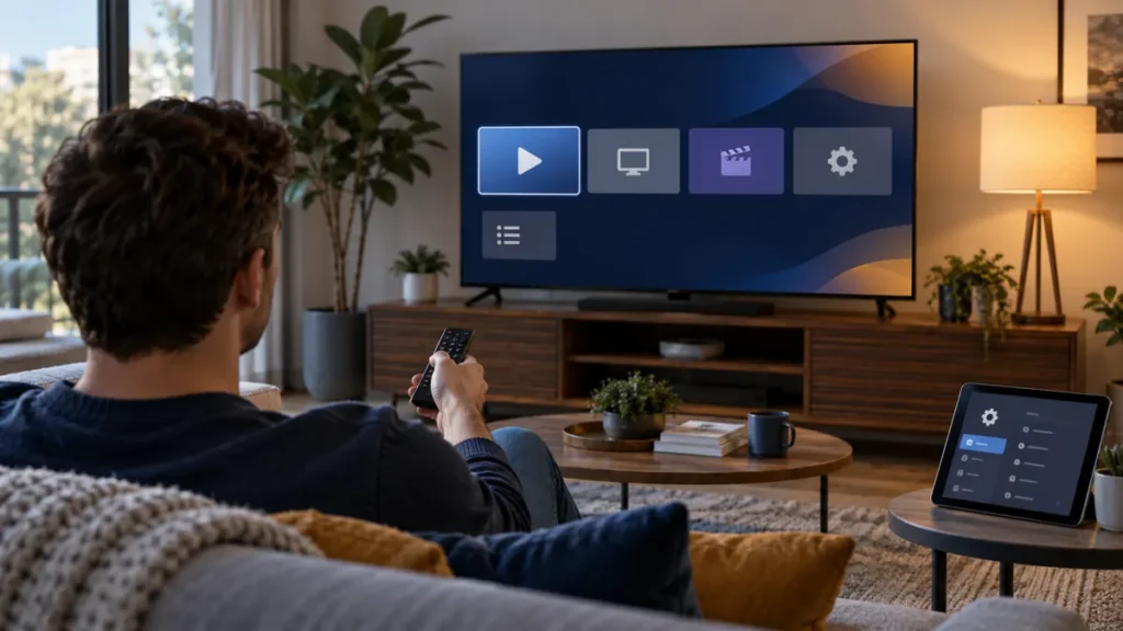 Person using a remote for Flix IPTV setup on a smart TV with a generic player menu