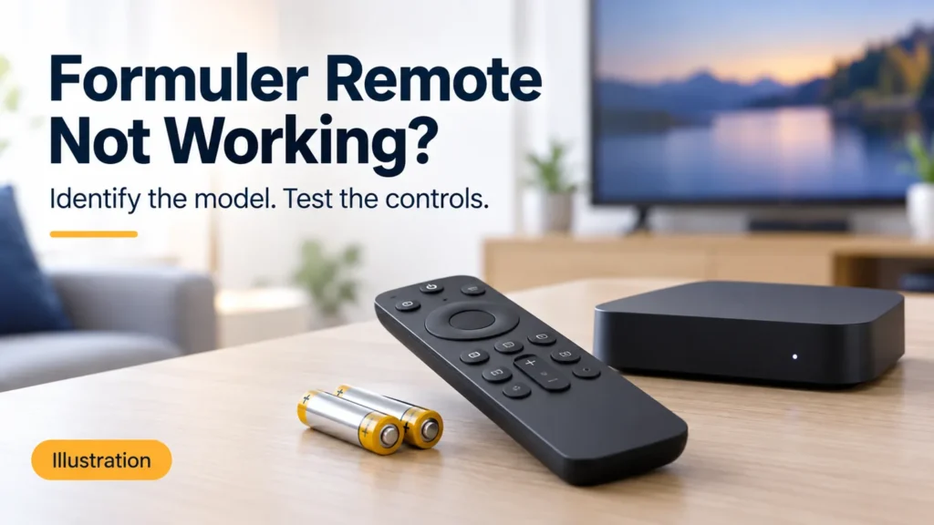 Formuler remote not working guide illustrated with a generic remote, streaming box, and replacement batteries