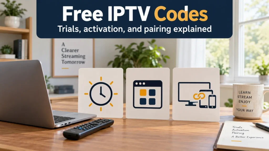 Free IPTV codes guide with illustrative icons for a trial, application activation, and device pairing