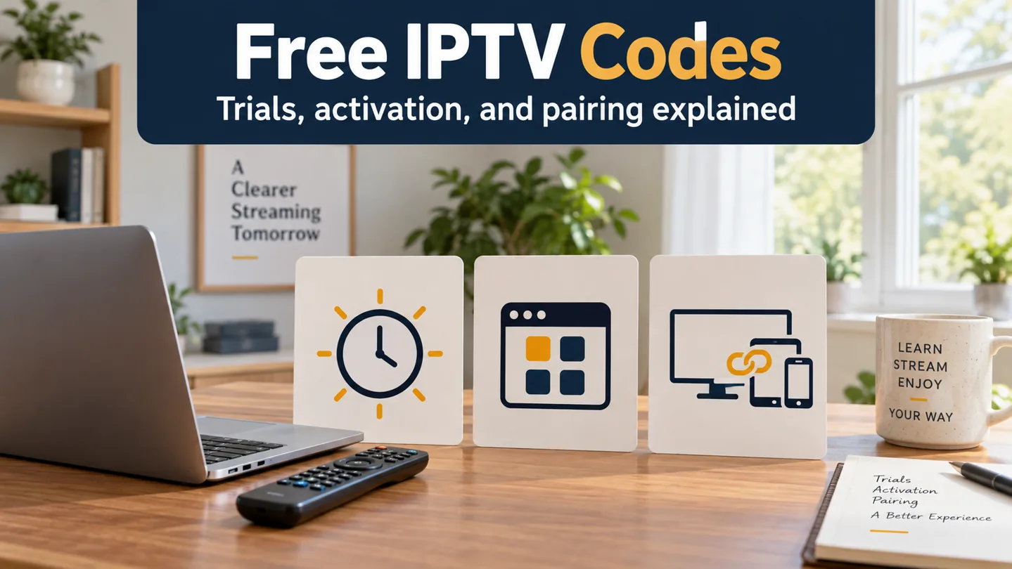 Free IPTV codes guide with illustrative icons for a trial, application activation, and device pairing