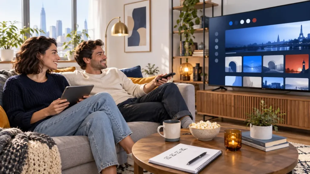 French IPTV in the USA viewed by two friends on a TV and tablet