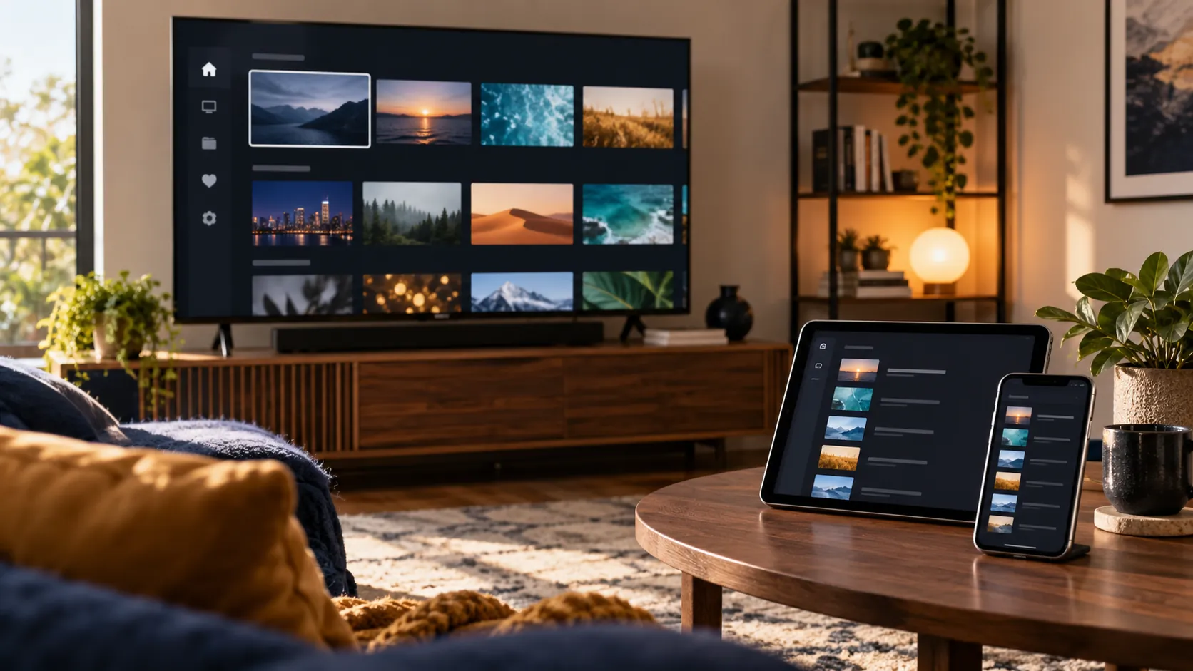 TV, tablet, and phone with media playlists illustrating GSE Smart IPTV setup