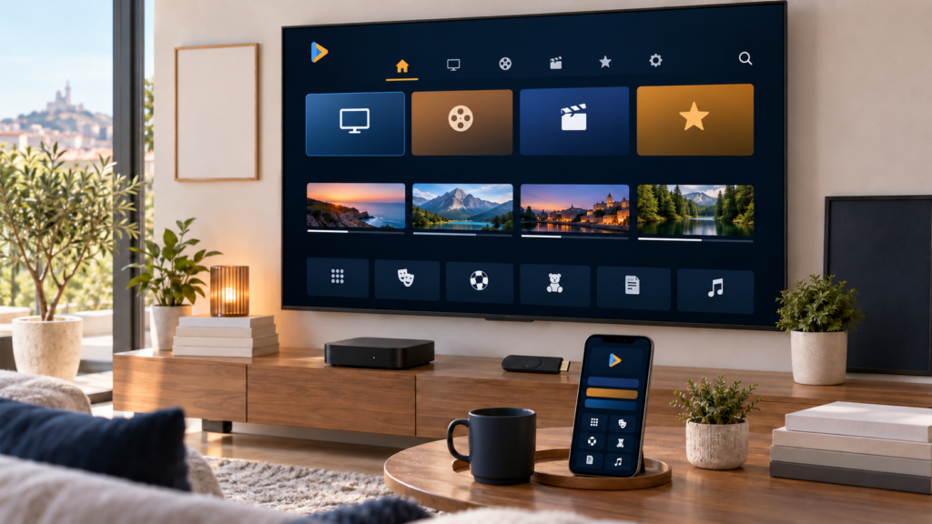 Téléviseur connecté avec lecteur multimédia, box TV et smartphone pour configurer une playlist