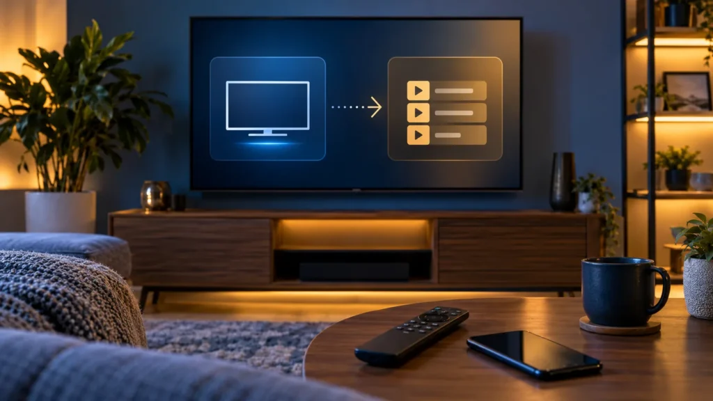 Smart TV, remote, and playlist icons illustrating IBO Player setup