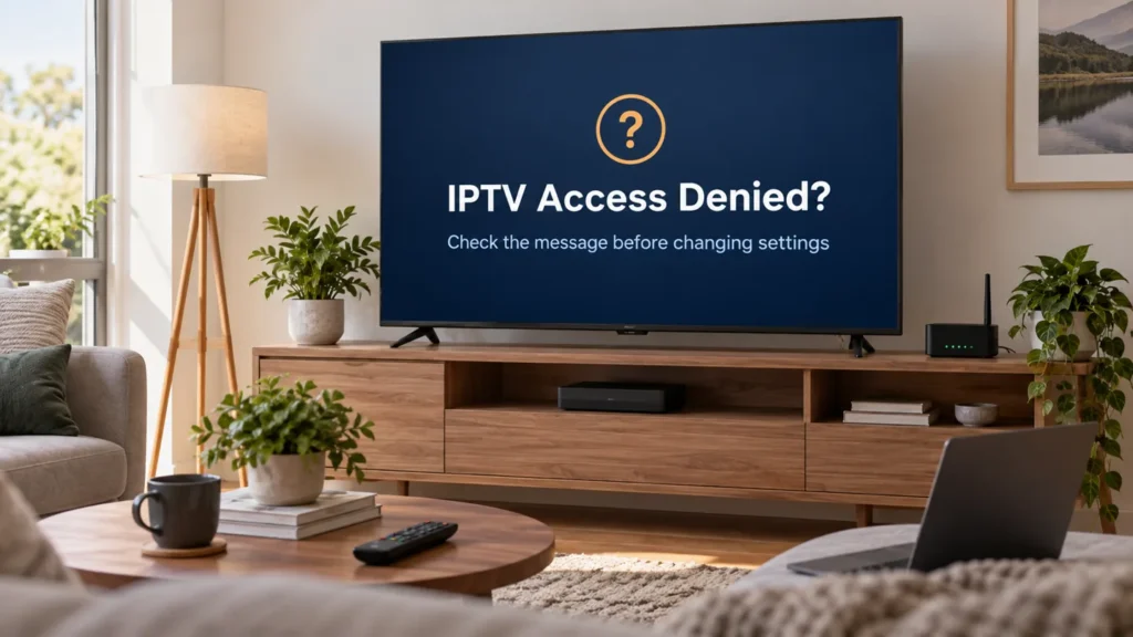 IPTV access denied guide on an illustrative TV beside a home router
