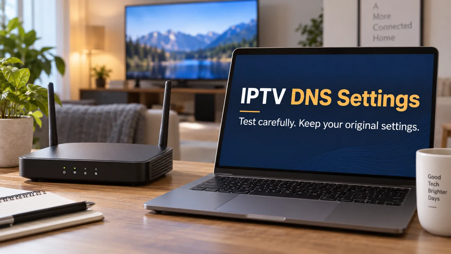 IPTV DNS settings guide displayed on an illustrative laptop beside a home router
