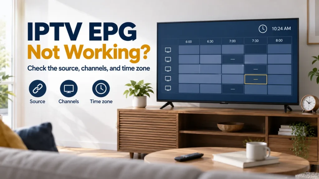 IPTV EPG not working guide beside an illustrative television schedule with empty cells