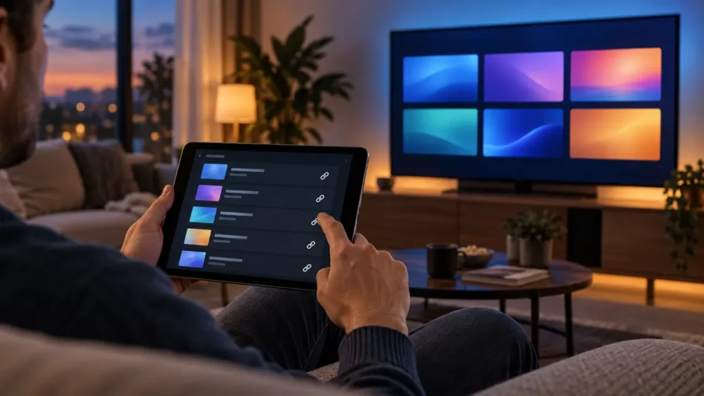 Person using a tablet for IPTV M3U setup beside a TV with a generic media menu