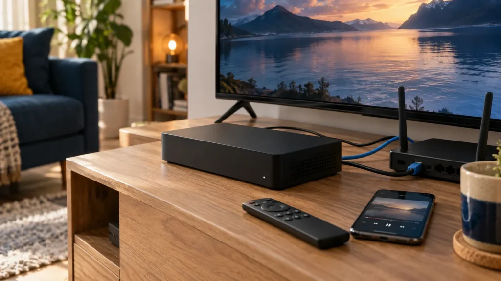 Illustrative setup for IPTV on a cable box with a television, router, and remote
