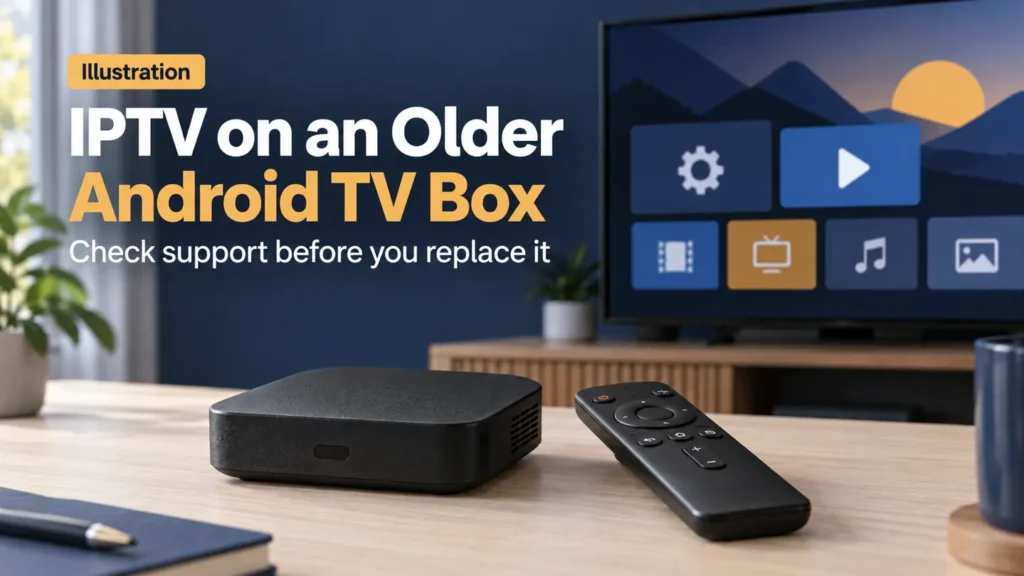 IPTV on an older Android TV box illustrated with generic streaming hardware, a remote, and app settings