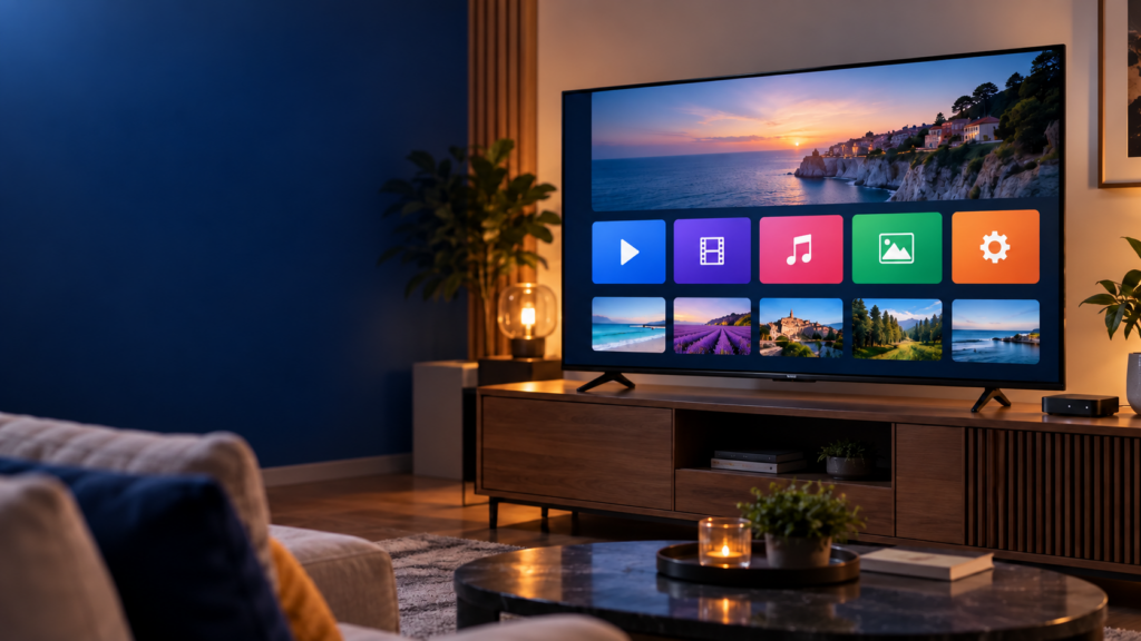 Smart TV app menu in a living room illustrating IPTV on LG TV setup