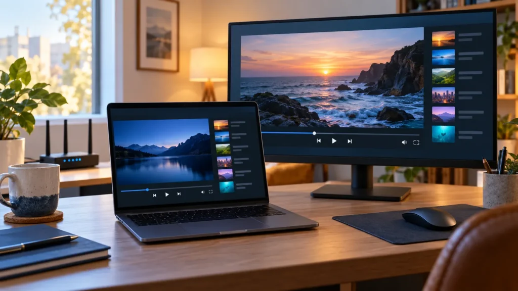 Laptop and monitor displaying a media player, illustrating IPTV on Mac