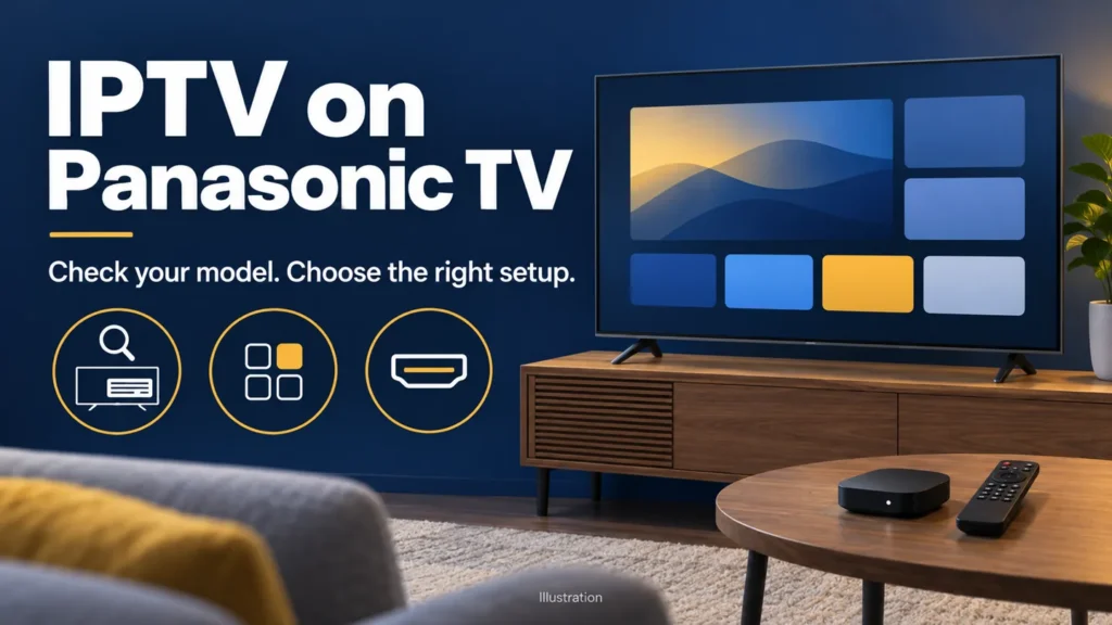 IPTV on Panasonic TV setup illustration with a television, remote and HDMI streaming device