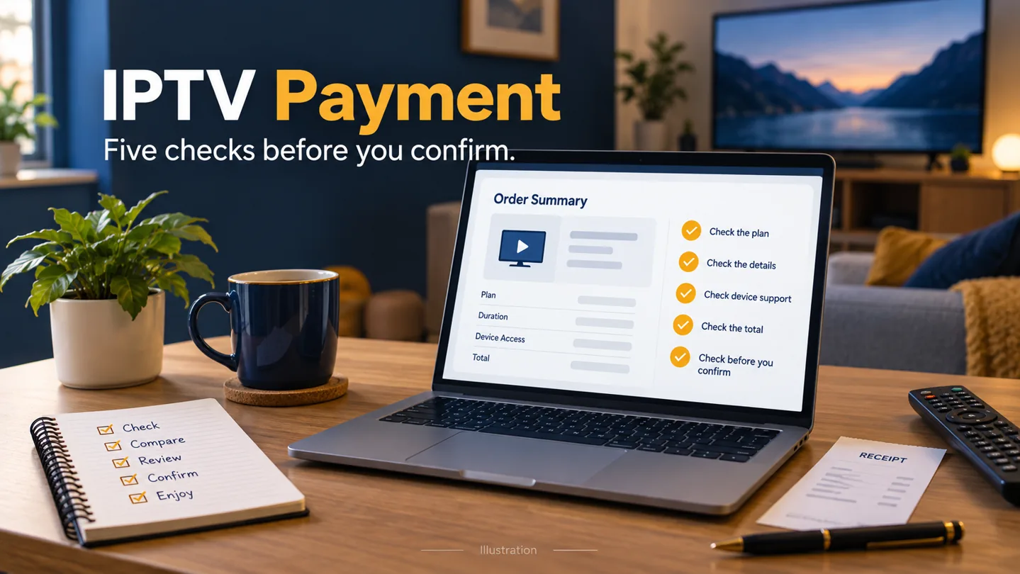 IPTV payment checklist illustration with a laptop order summary, receipt and five check marks