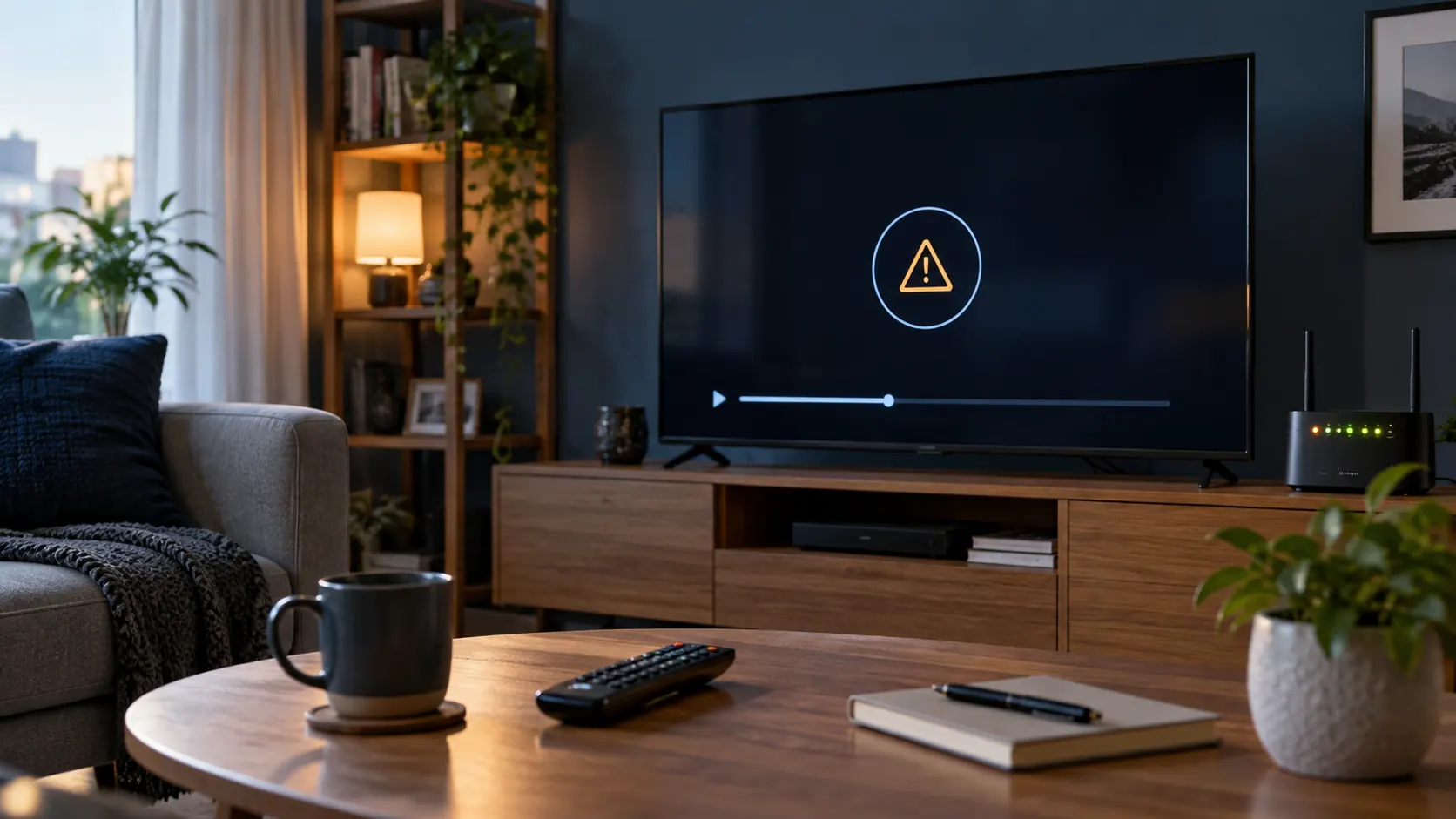 Television with a generic warning icon illustrating an IPTV playback error beside a home router