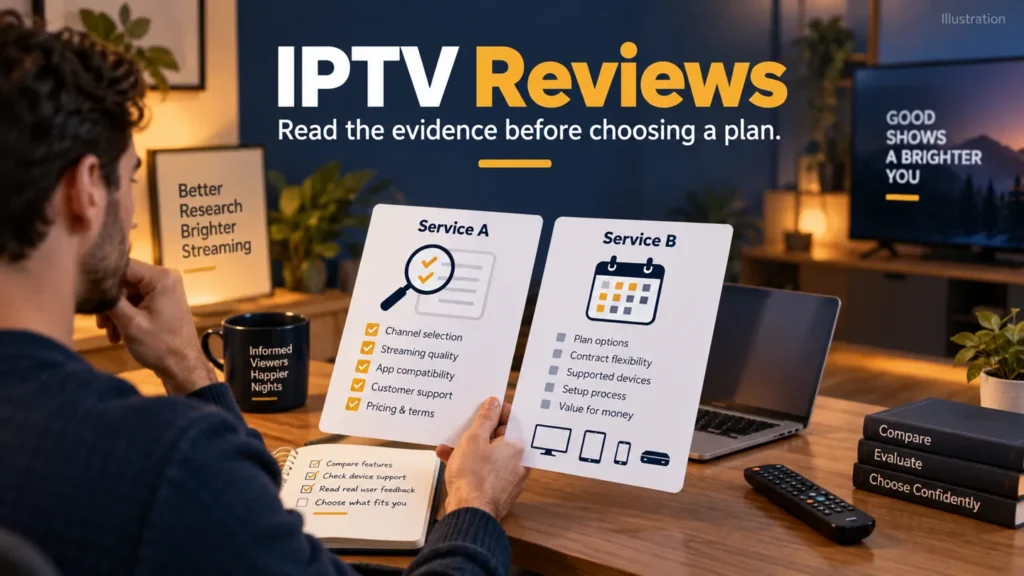 IPTV reviews research illustration showing a viewer comparing checklists beside a laptop and TV remote