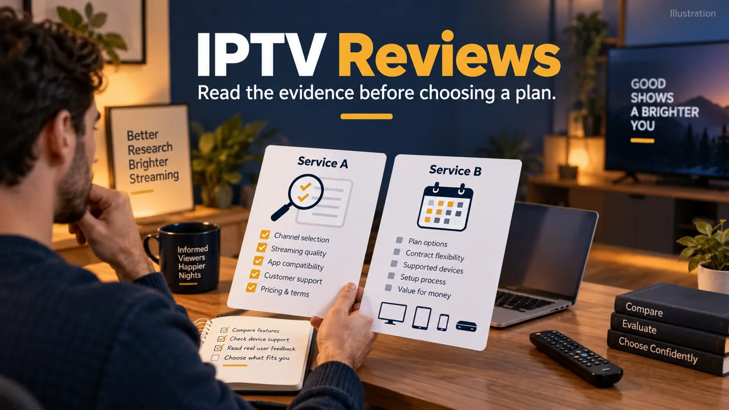 IPTV reviews research illustration showing a viewer comparing checklists beside a laptop and TV remote