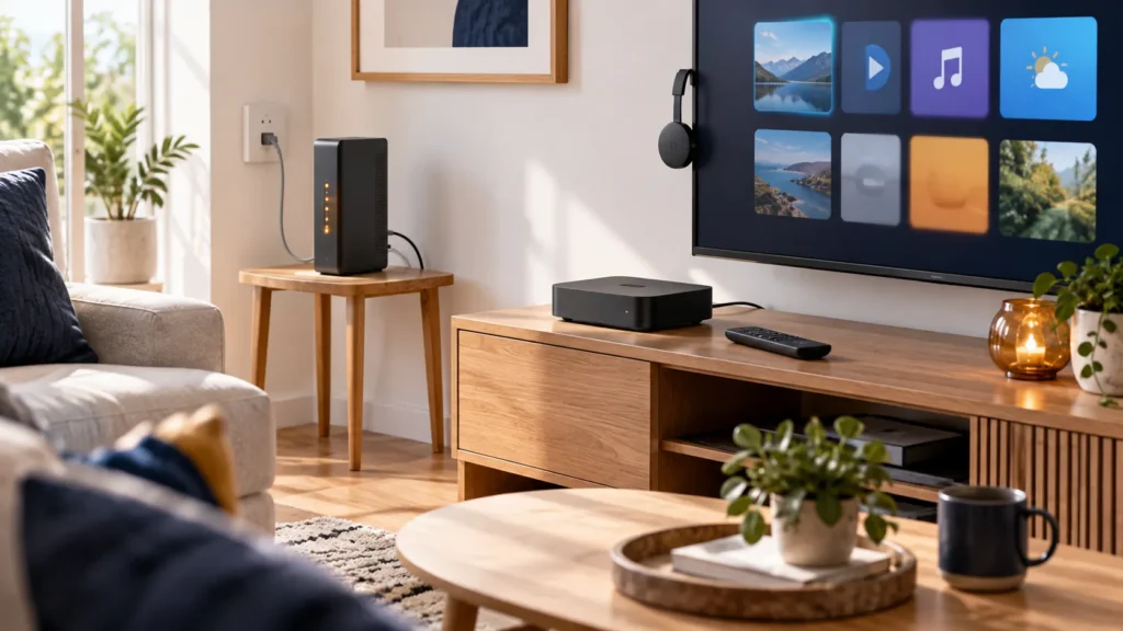 IPTV router setup illustration with a home gateway, separate streaming player, and television