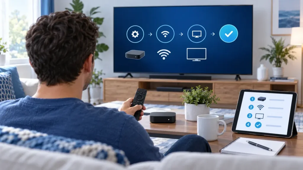 IPTV player and service setup on a smart TV with a tablet