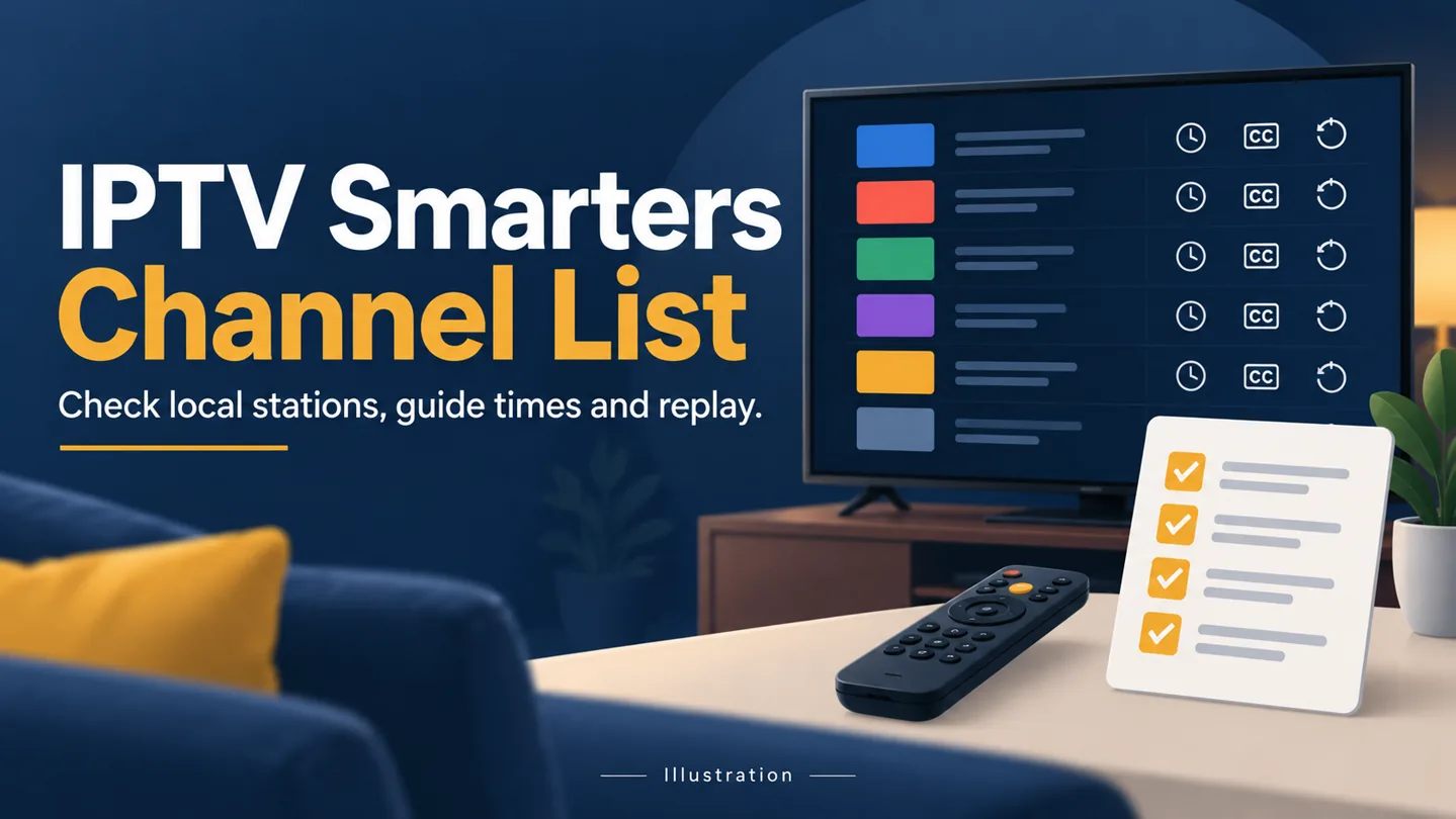 IPTV Smarters channel list illustration with a television checklist, clock, captions and replay symbols