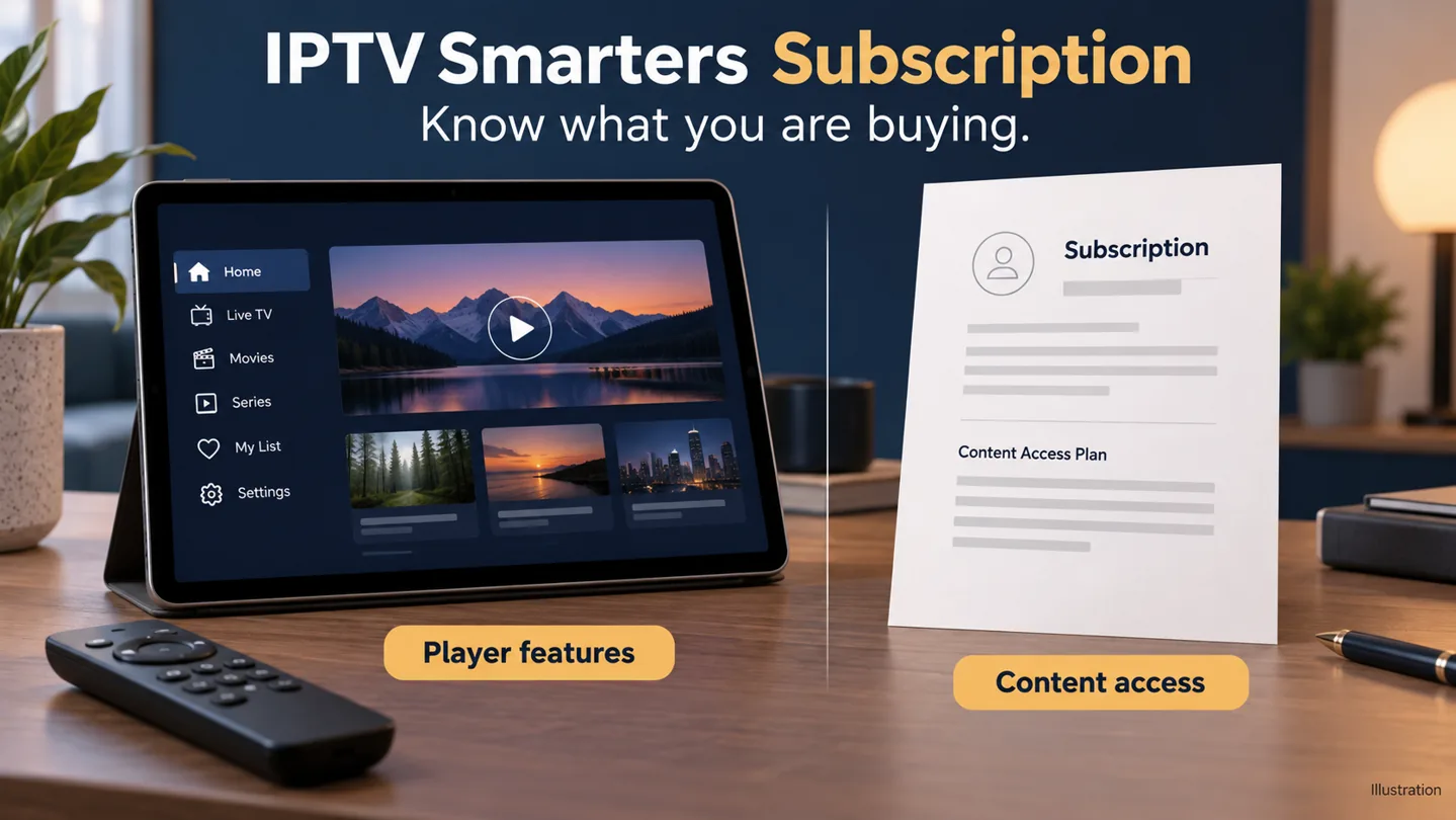 IPTV Smarters subscription illustration separating player features on a tablet from a content access document