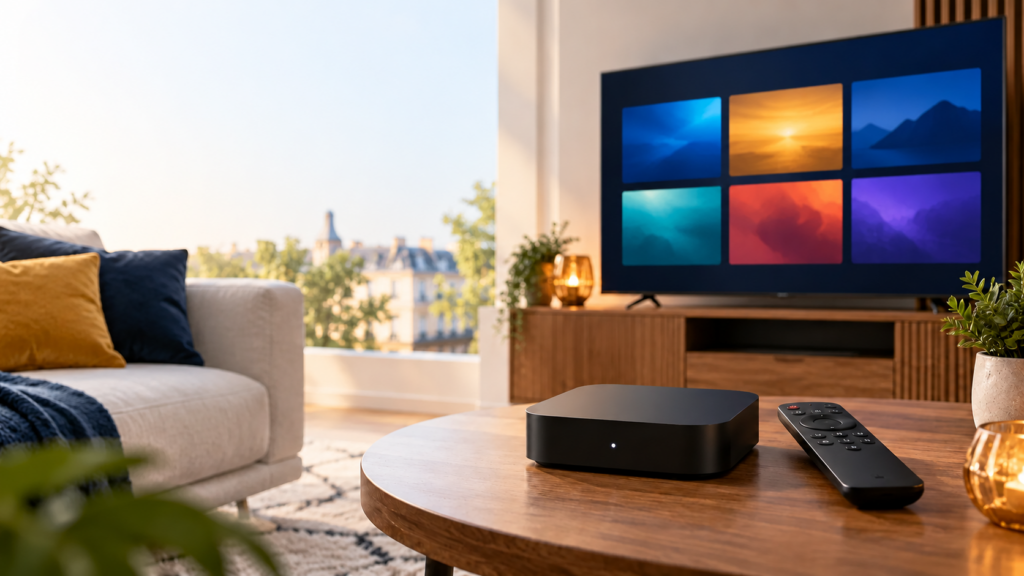 IPTV streaming box and remote beside a television in a living room