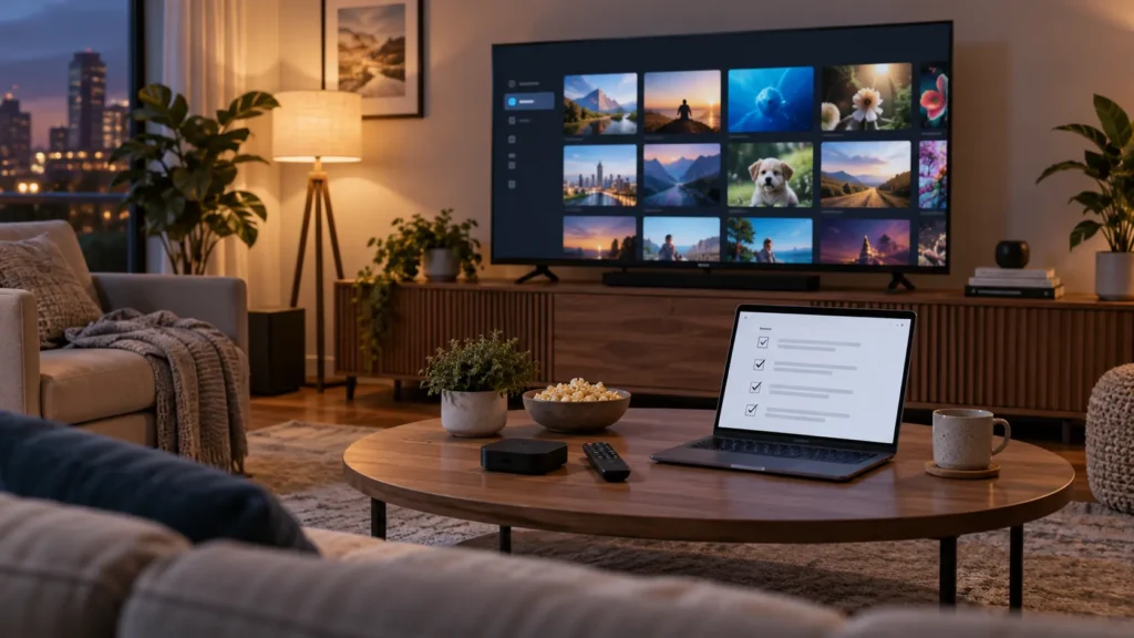Smart TV, streaming box, and laptop checklist for choosing an IPTV streaming service