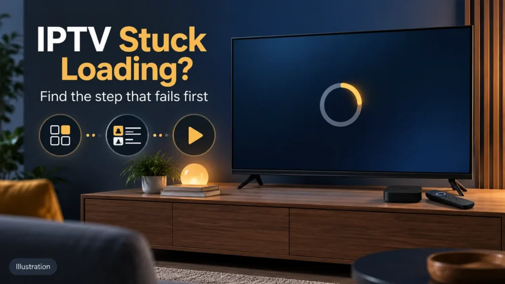 IPTV stuck loading illustration with a television loading ring and app, catalog, and playback symbols