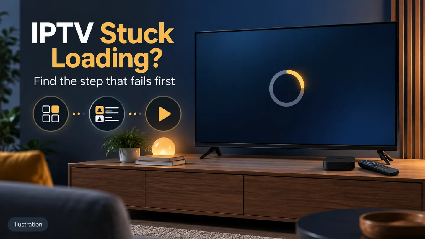 IPTV stuck loading illustration with a television loading ring and app, catalog, and playback symbols