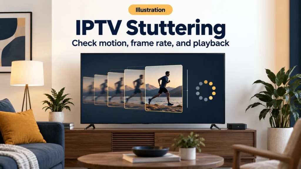 IPTV stuttering guide illustrated with a television, frame sequence, and separate loading symbol