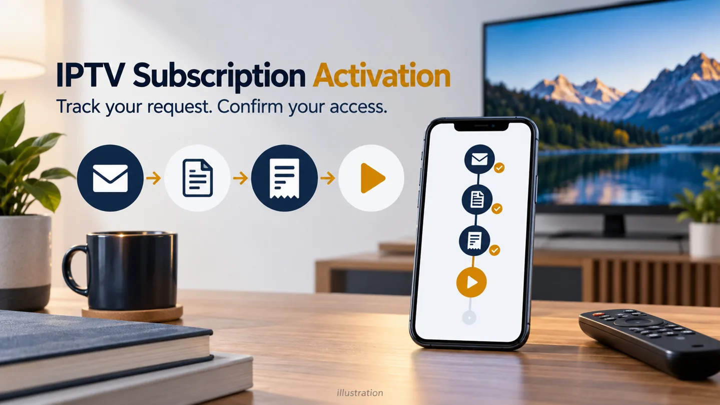 IPTV subscription activation illustration with request, order, receipt and playback icons beside a phone and remote