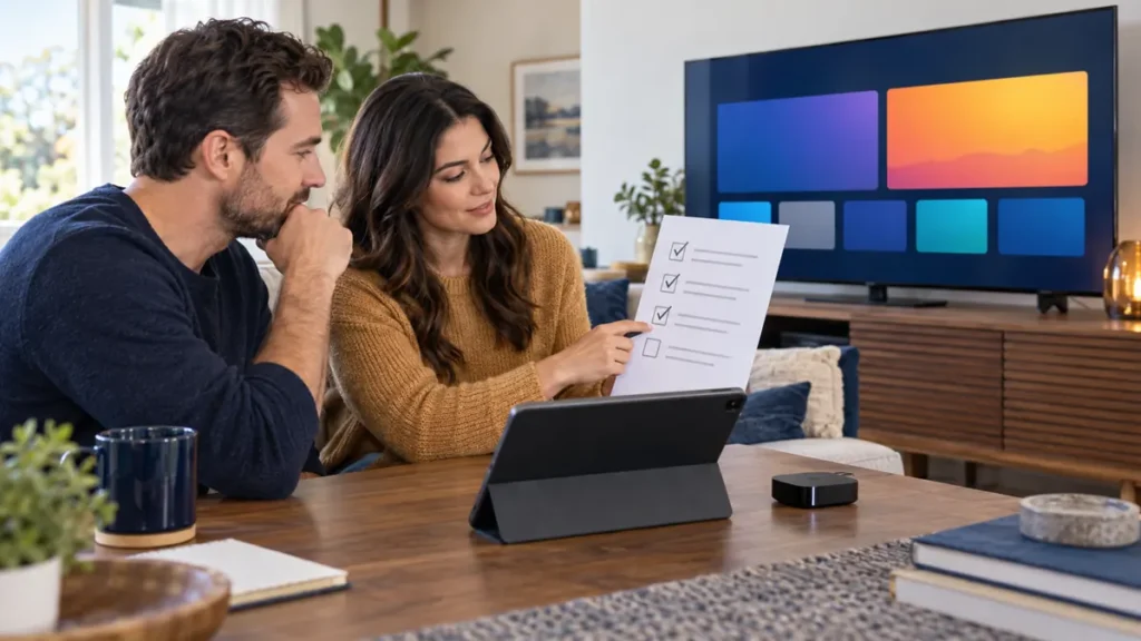 Two adults reviewing an IPTV subscription guide 2026 checklist beside a smart TV